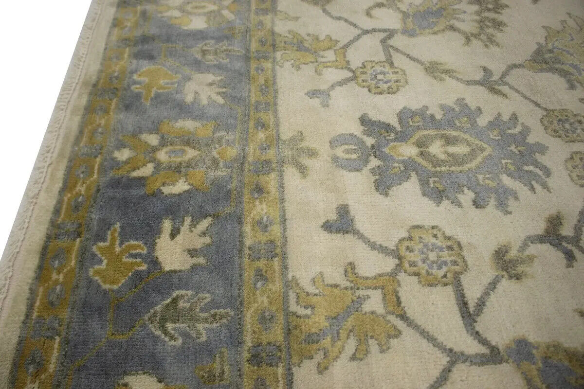 Hand-Knotted Oushak Chobi Wool Rug Cream Floral