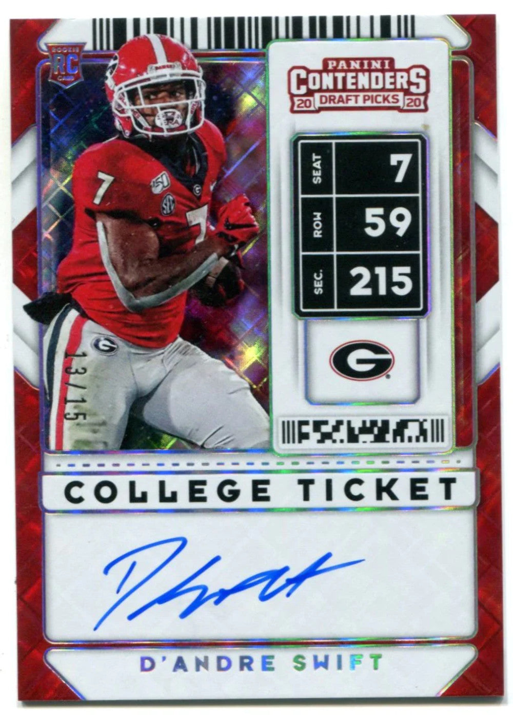 D'Andre Swift 2020 Panini Contenders College Ticket Auto Red Cracked Ice #1 Card