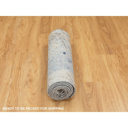 2'9"X9'8" Gray Abstract Design Wool And Silk Runner Hand Knotted Rug