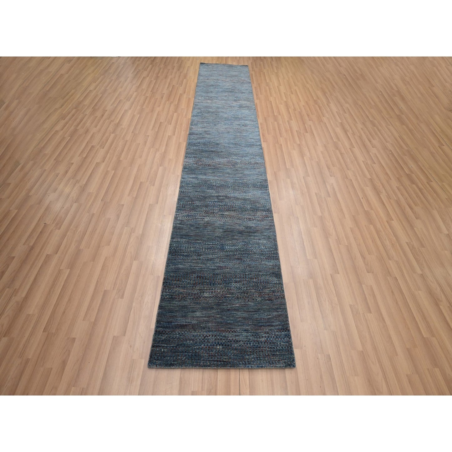 2'7"X12'3" Denim Blue Grass Design Wool And Silk Hand Knotted Runner Rug