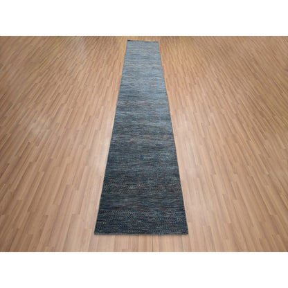 2'7"X12'3" Denim Blue Grass Design Wool And Silk Hand Knotted Runner Rug