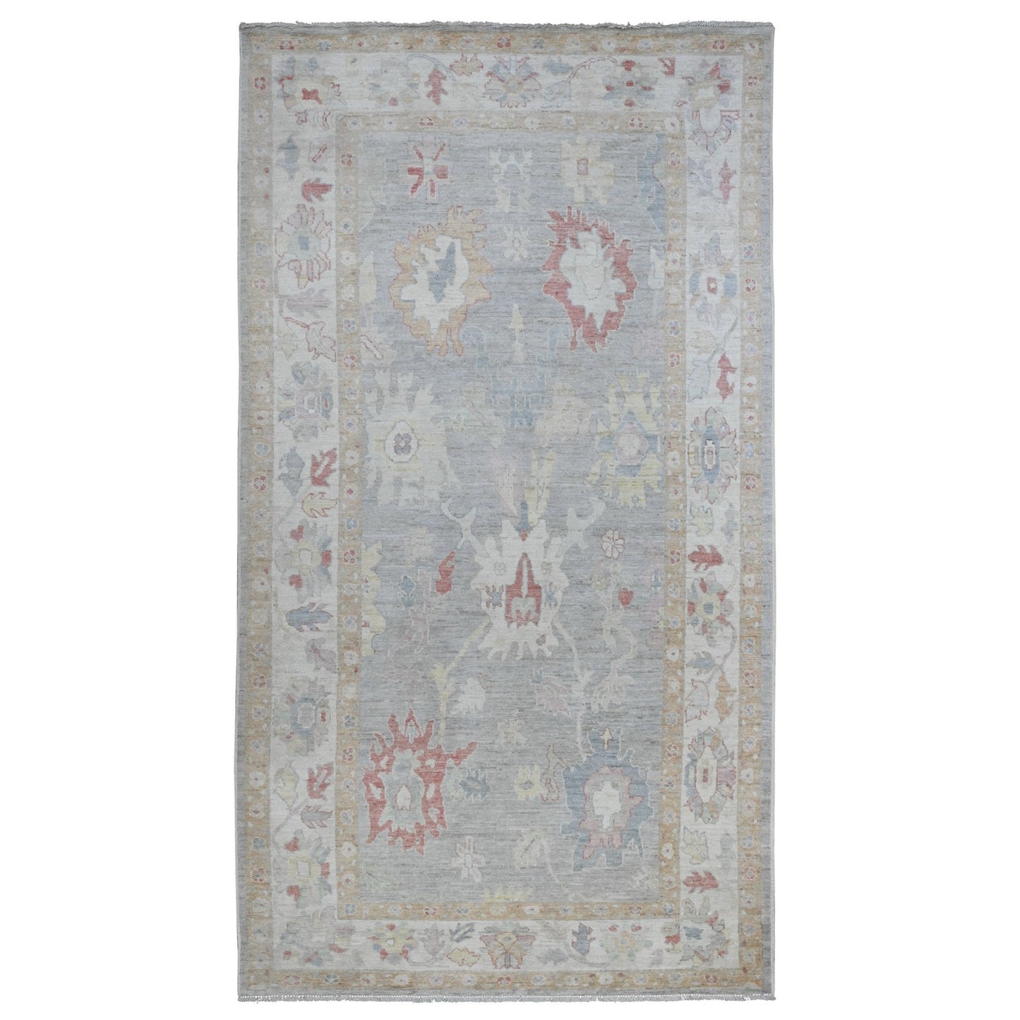 6'2"X11'10" Gray Hand Knotted Angora Oushak Leaf Design Wool Runner Rug