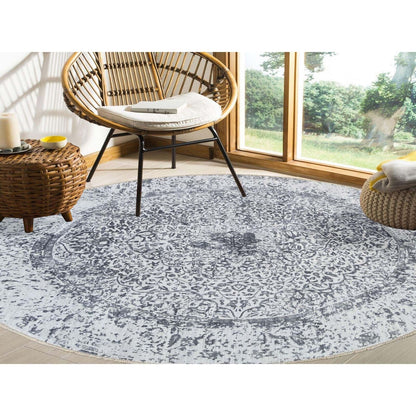 9'9"X9'9" Gray Erased Farsian Design Wool/Silk Hand Knotted Round Rug