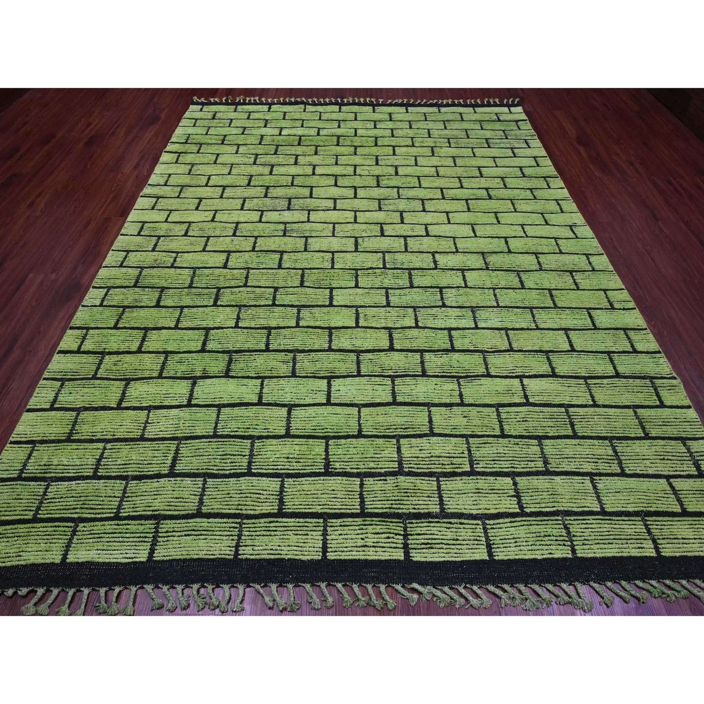 8'2"X10'6" Green Hand Knotted Moroccan Weave Brick Design Pure Wool Rug