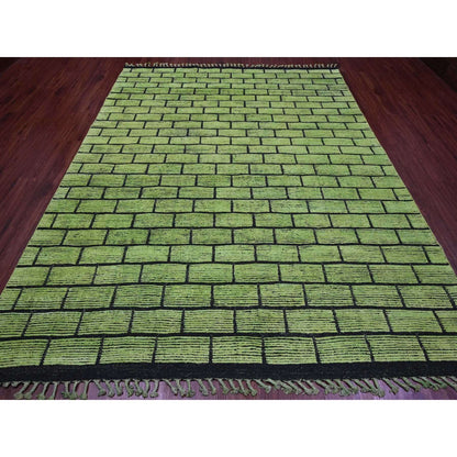 8'2"X10'6" Green Hand Knotted Moroccan Weave Brick Design Pure Wool Rug