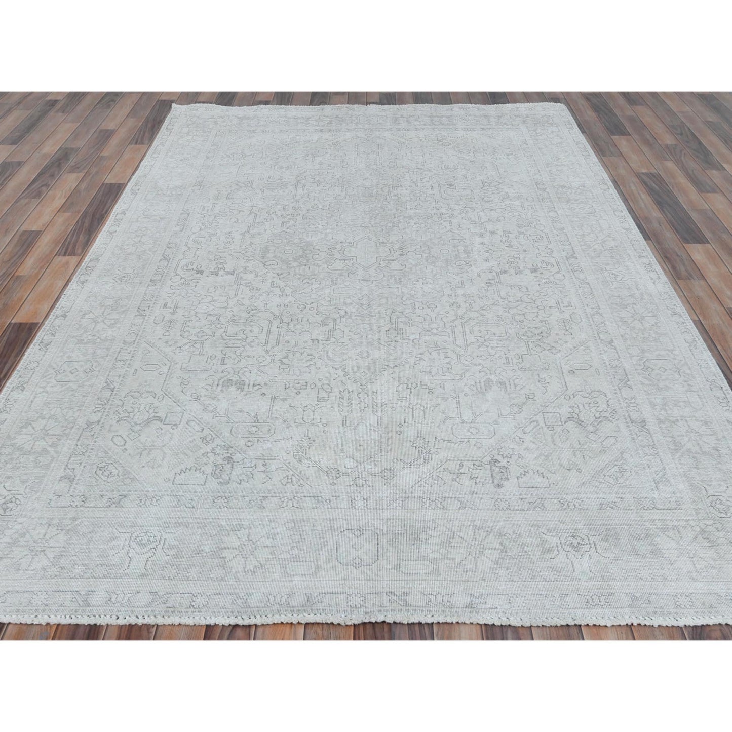6'5"X9'4" Gray Old Farsian Hand Knotted Worn Down Wool Distressed Rug