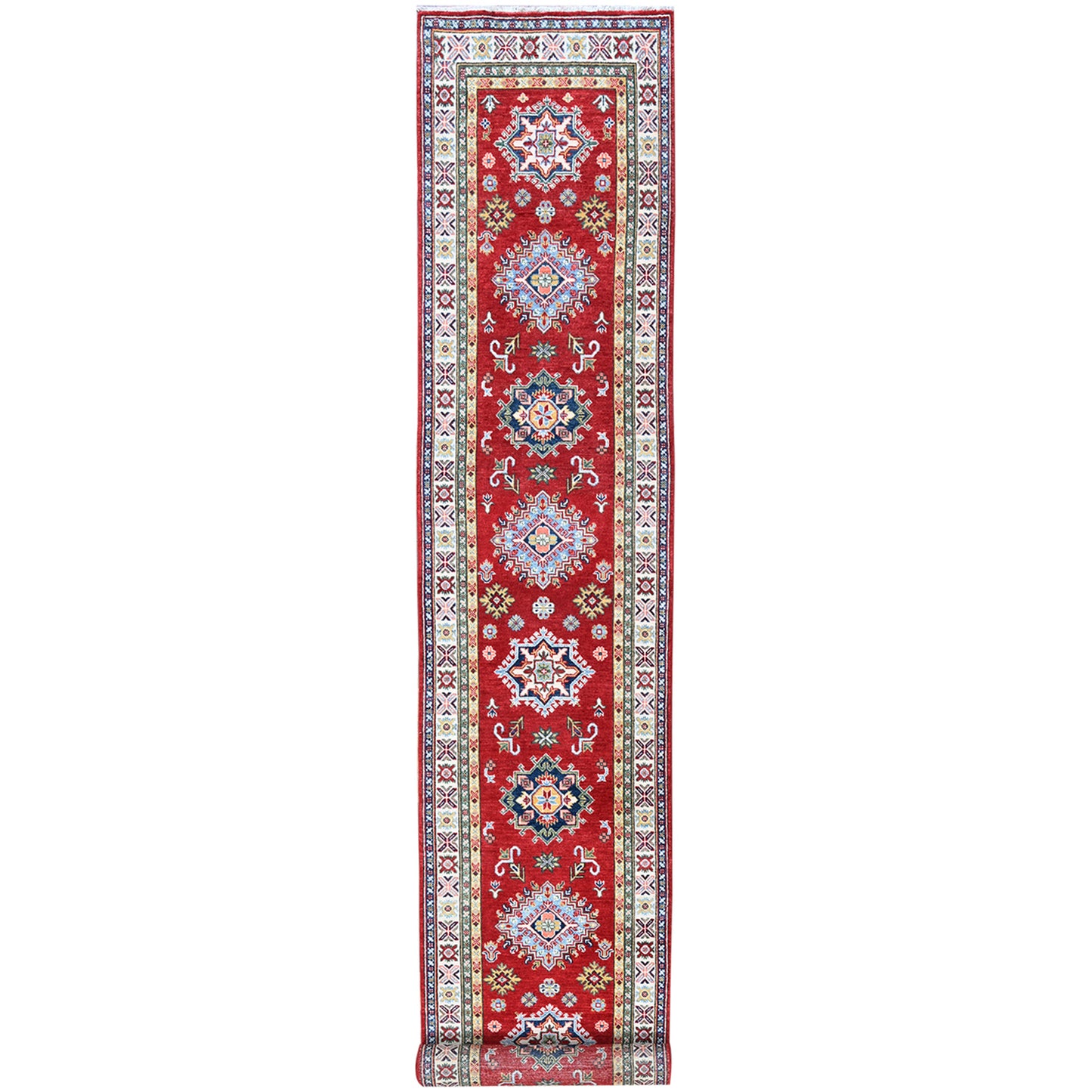 2'9"X16'5" Red Kazak With Tribal Design Soft Wool Hand Knotted Runner Rug