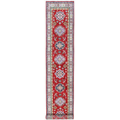 2'9"X16'5" Red Kazak With Tribal Design Soft Wool Hand Knotted Runner Rug