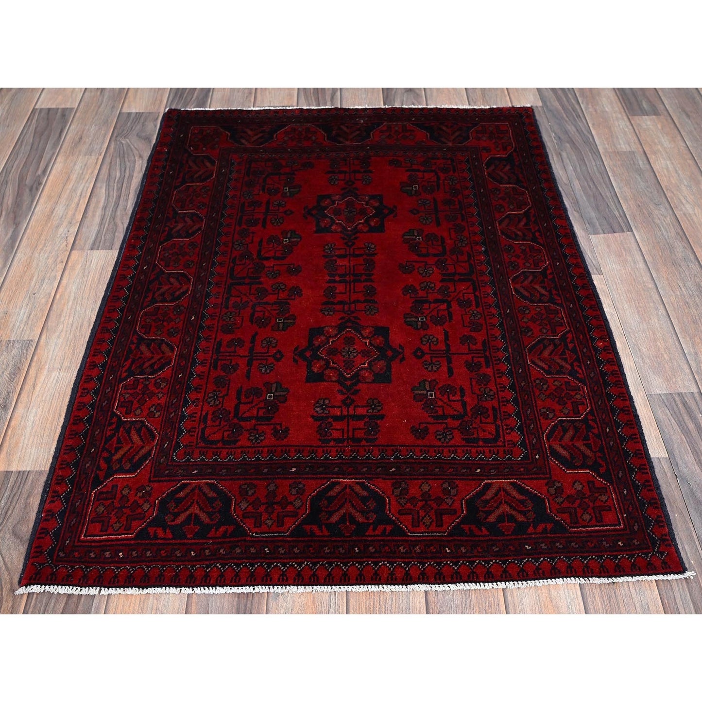 2'9"X3'10" Red Afghan Khamyab Geometric Pattern Soft Wool Hand Knotted Rug