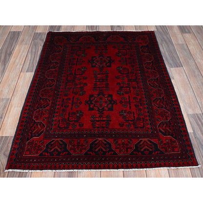 2'9"X3'10" Red Afghan Khamyab Geometric Pattern Soft Wool Hand Knotted Rug