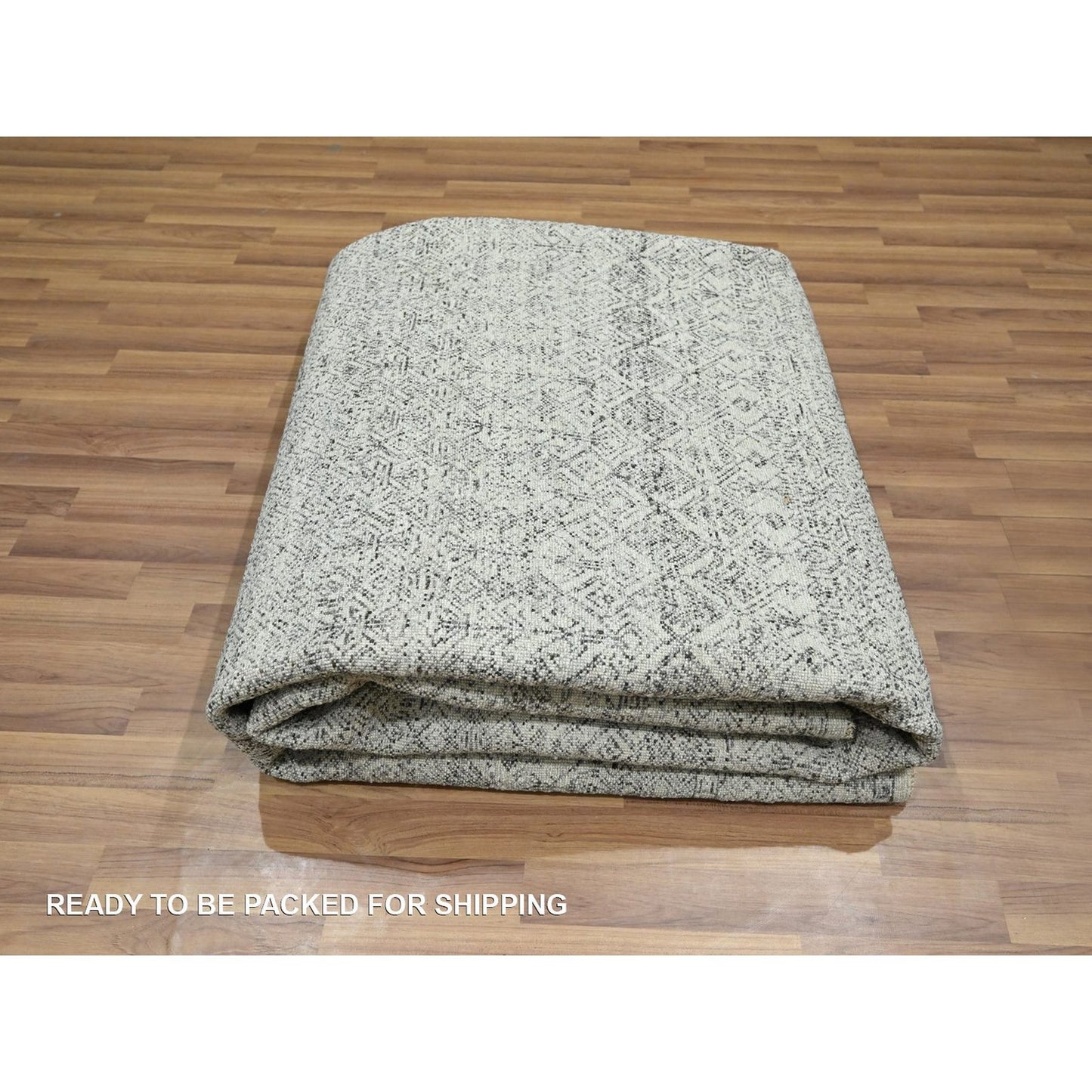 8'2"X10' Ivory Repetitive Tree Design Natural Wool Hand Knotted Rug