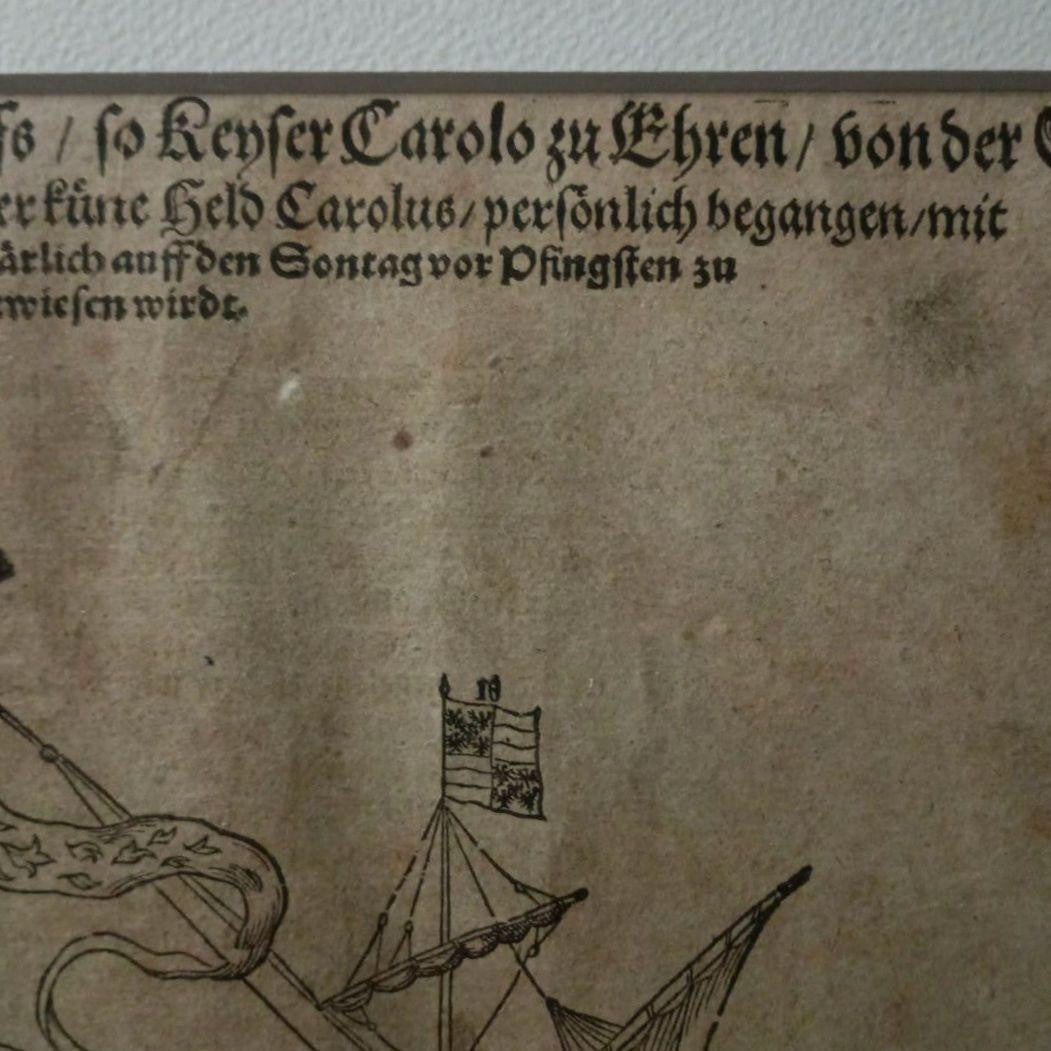Sebastian Munster Woodcut 1628 Ship Of Emperor Charles V Rare Antique Print