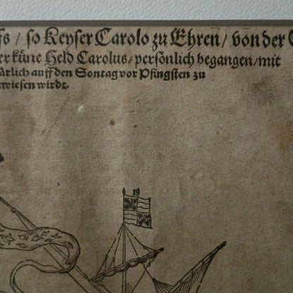Sebastian Munster Woodcut 1628 Ship Of Emperor Charles V Rare Antique Print