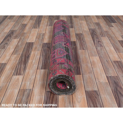 3'5"X9'5" Pink Hand Knotted Vintage Farsian Worn Wool Wide Runner Rug