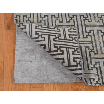7'10"X10'3" Gray Pure Silk With Wool Roman Key Design Hand Knotted Rug
