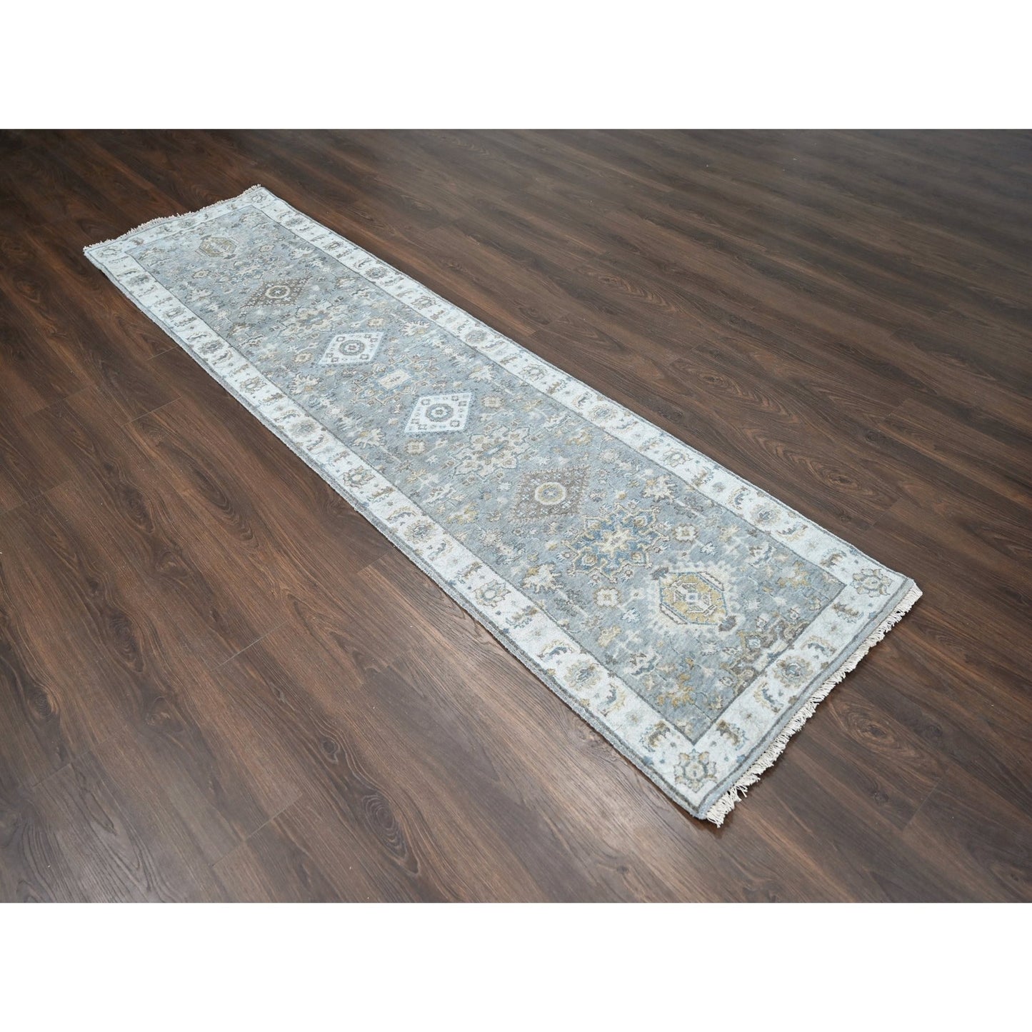 2'7"X10' Boothbay Gray Wool Hand Knotted Karajeh Geometric Runner Rug