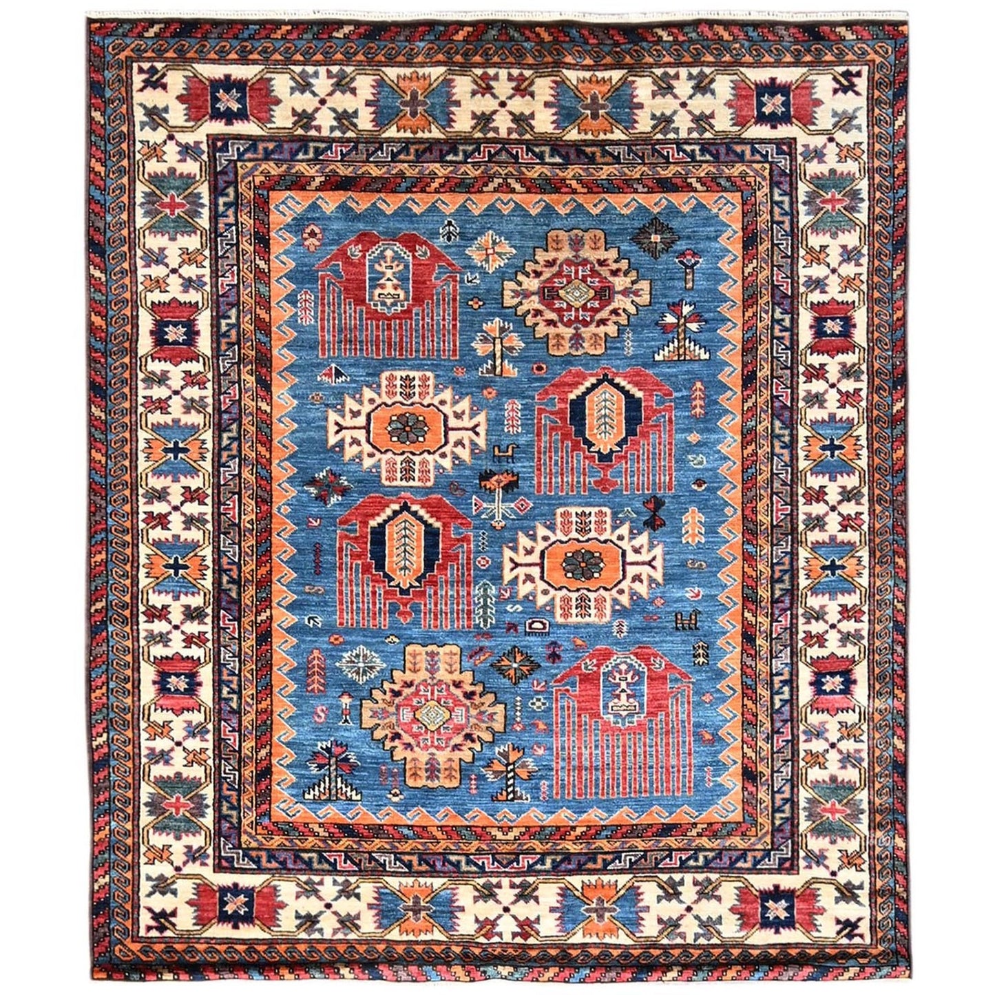 5'2"X6' Blue Afghan Antique Caucasian Design Hand Knotted Wool Squarish Rug