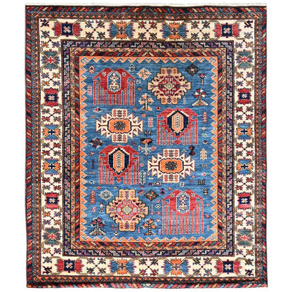 5'2"X6' Blue Afghan Antique Caucasian Design Hand Knotted Wool Squarish Rug
