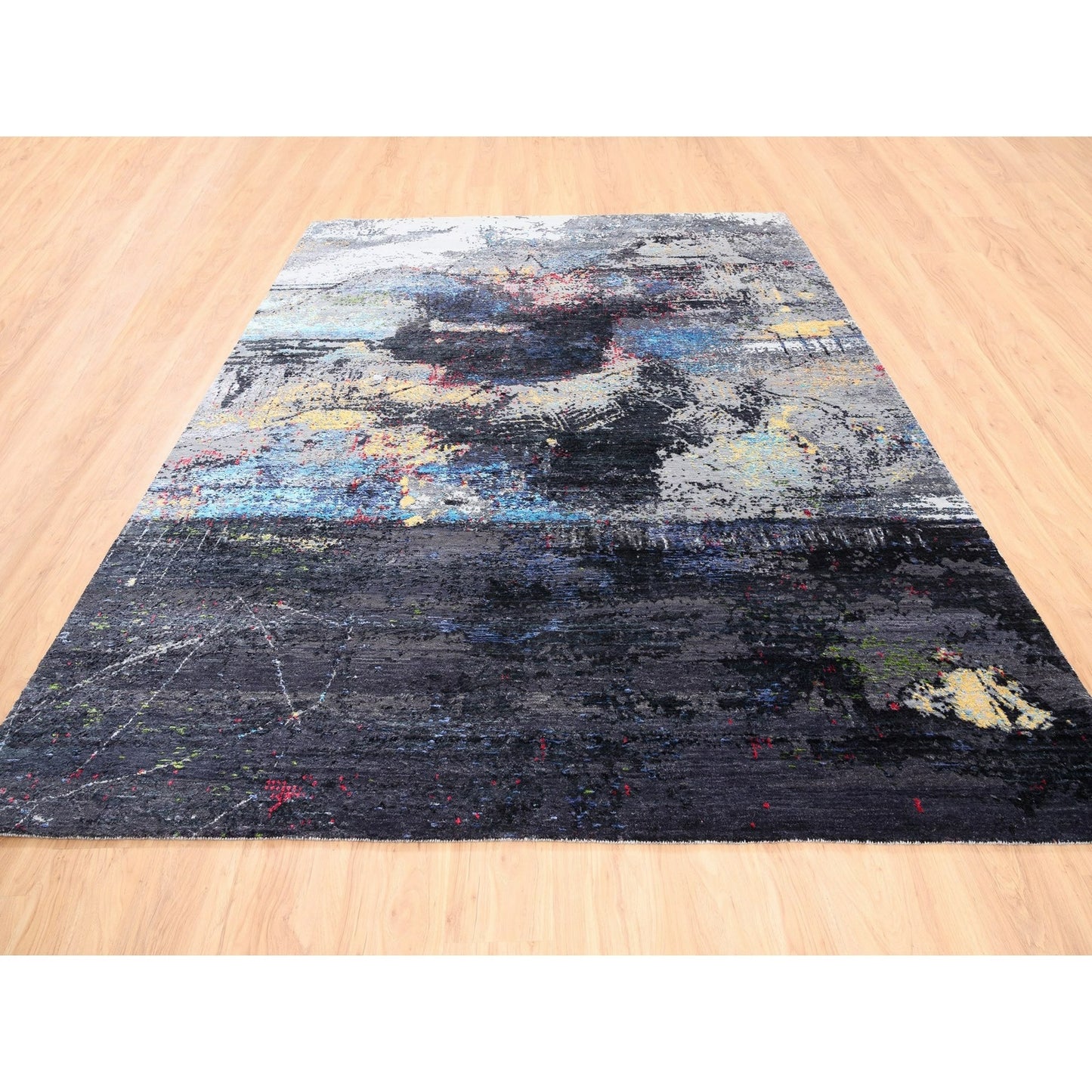 8'X10' Charcoal Black With Pop Of Colors Modern Wool-Silk Handknotted Rug