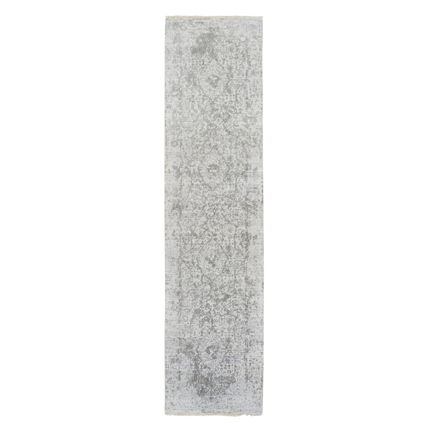 2'6"x12'1" Gray Wool/ Silk Hand Knotted Zoroastrian Design Runner Rug