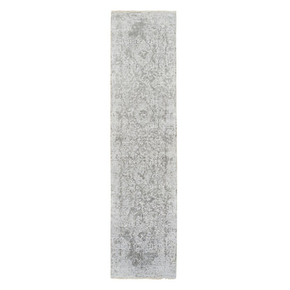 2'6"x12'1" Gray Wool/ Silk Hand Knotted Zoroastrian Design Runner Rug
