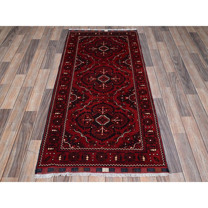 2'7"X5'2" Red Afghan Khamyab Tribal Design Hand Knotted All Wool Runner Rug