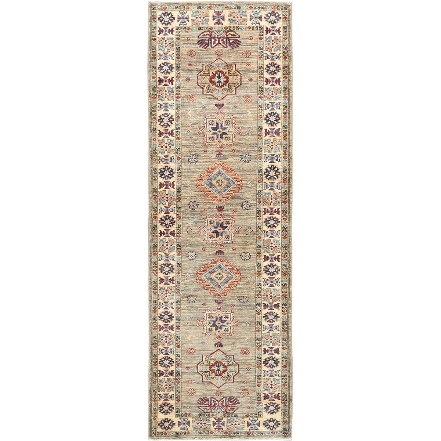 2'10"X8'3" Ecru Color Wool Hand Knotted Afghan Super Kazak Runner Rug