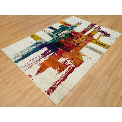 6'1"X9' Sandstone Ivory Hand Knotted Abstract Design Wool And Silk Rug