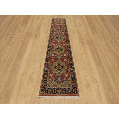 2'6"X12'2" Red Hand Knotted Antiqued Heris Revival Pure Wool Runner Rug