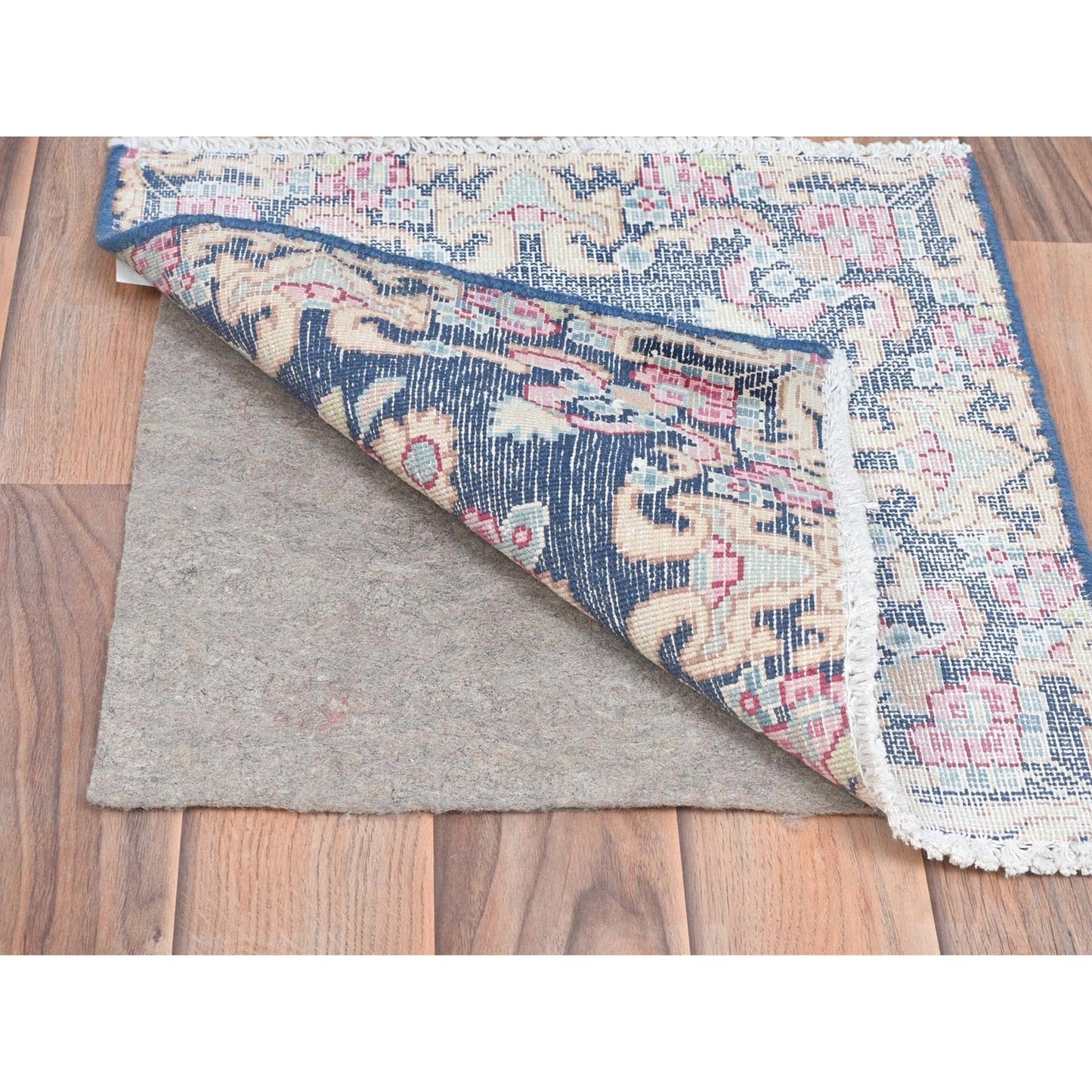 1'6"X1'6" Blue Hand Knotted Vintage Farsian Karman Worn Wool Square Rug