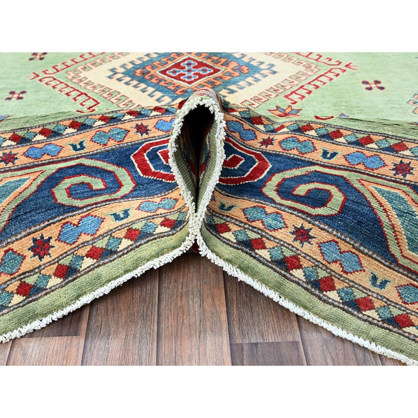 8'4"X9'7" Green Afghan Special Kazak Geometric Design Wool Hand Knotted Rug