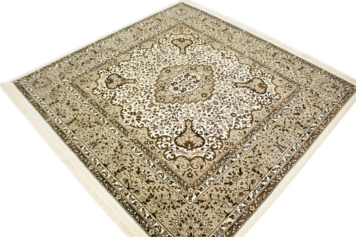 Hand-Knotted Cream Kirman Square Rug Oriental Classic Floral Area Carpet 6X6 ft