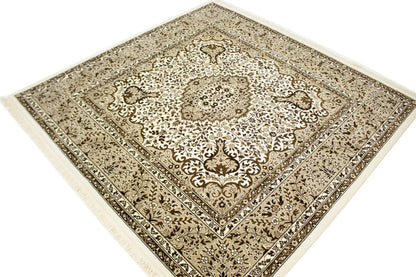 Hand-Knotted Cream Kirman Square Rug Oriental Classic Floral Area Carpet 6X6 ft
