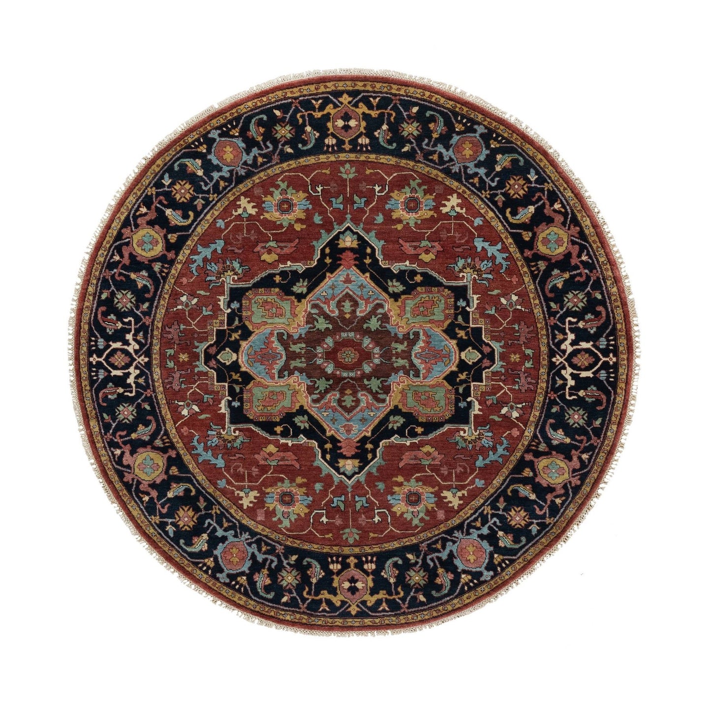 6'2"X6'2" Red Antiqued Heris Re-Creation Hand Knotted Soft Wool Round Rug