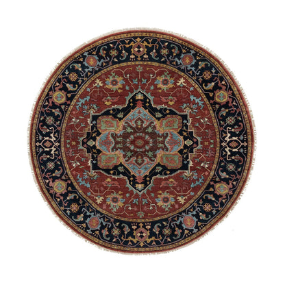 6'2"X6'2" Red Antiqued Heris Re-Creation Hand Knotted Soft Wool Round Rug