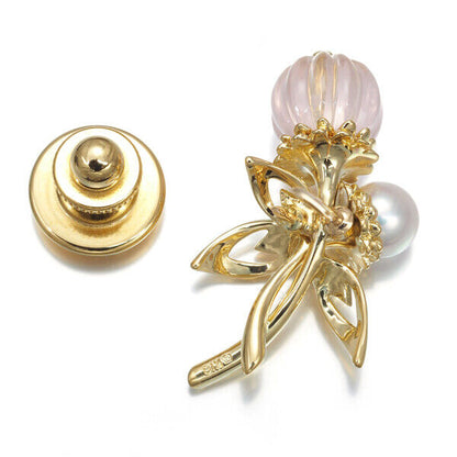 Mikimoto Brooch Rose Quartz Akoya Pearl 5.5Mm Flower 18K 750 Yellow Gold