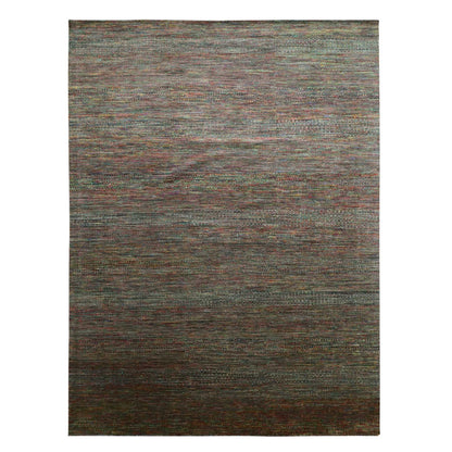 9'1"X12'2" Olive Green Wool And Silk Modern Grass Design Hand Knotted Rug