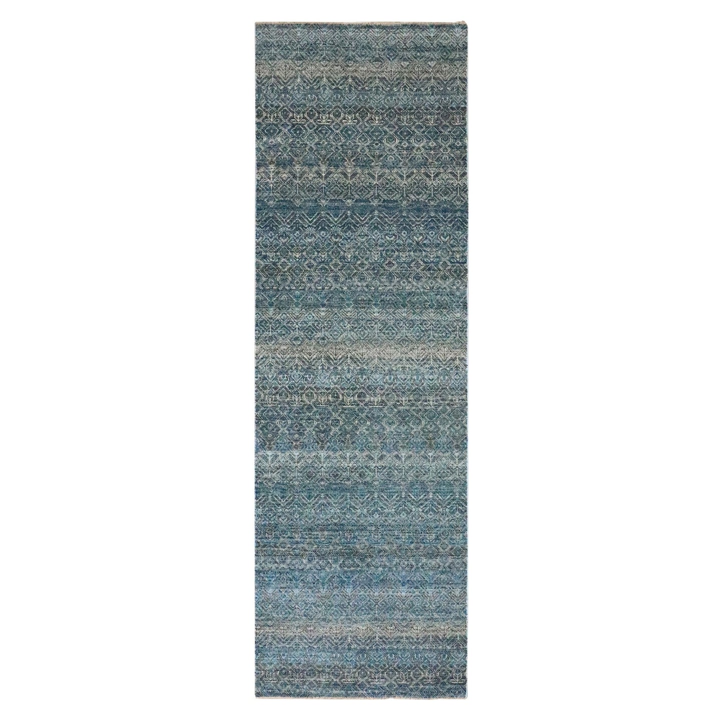 3'X9'9" Blue Repetitive Diamond Design Soft Wool Hand Knotted Runner Rug