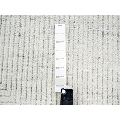 9'X12' Daisy White Geometric Variegated Line Design Wool Hand Knotted Rug