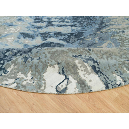 12'X12' Steel Blue Abstract Galaxy Wool And Silk Hand Knotted Round Rug