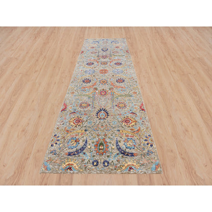 4'1"X12'2" Tan Sickle Design Silk And Wool Hand Knotted Wide Runner Rug