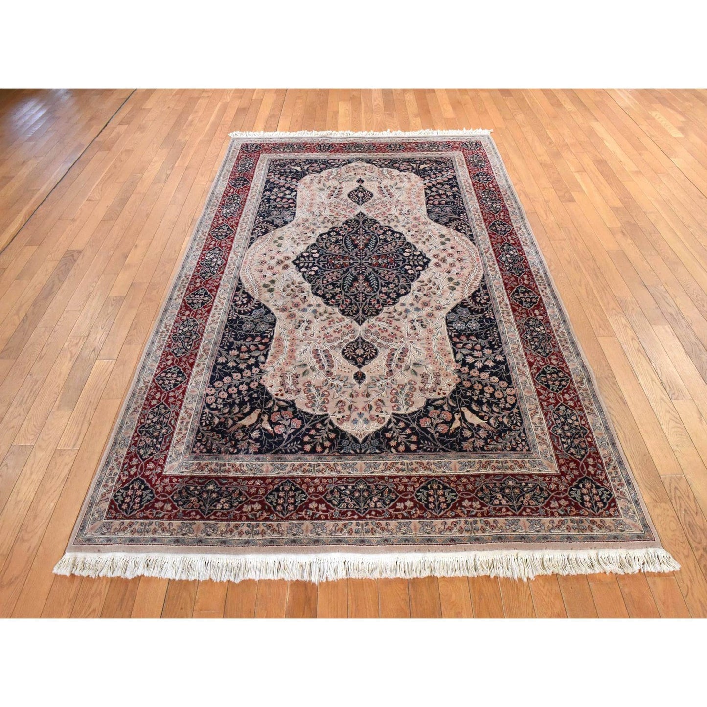 5'8"x8'9" Ivory Vintage Zoroastrian Wool & Silk Hand Knotted 250 KPSI Rug