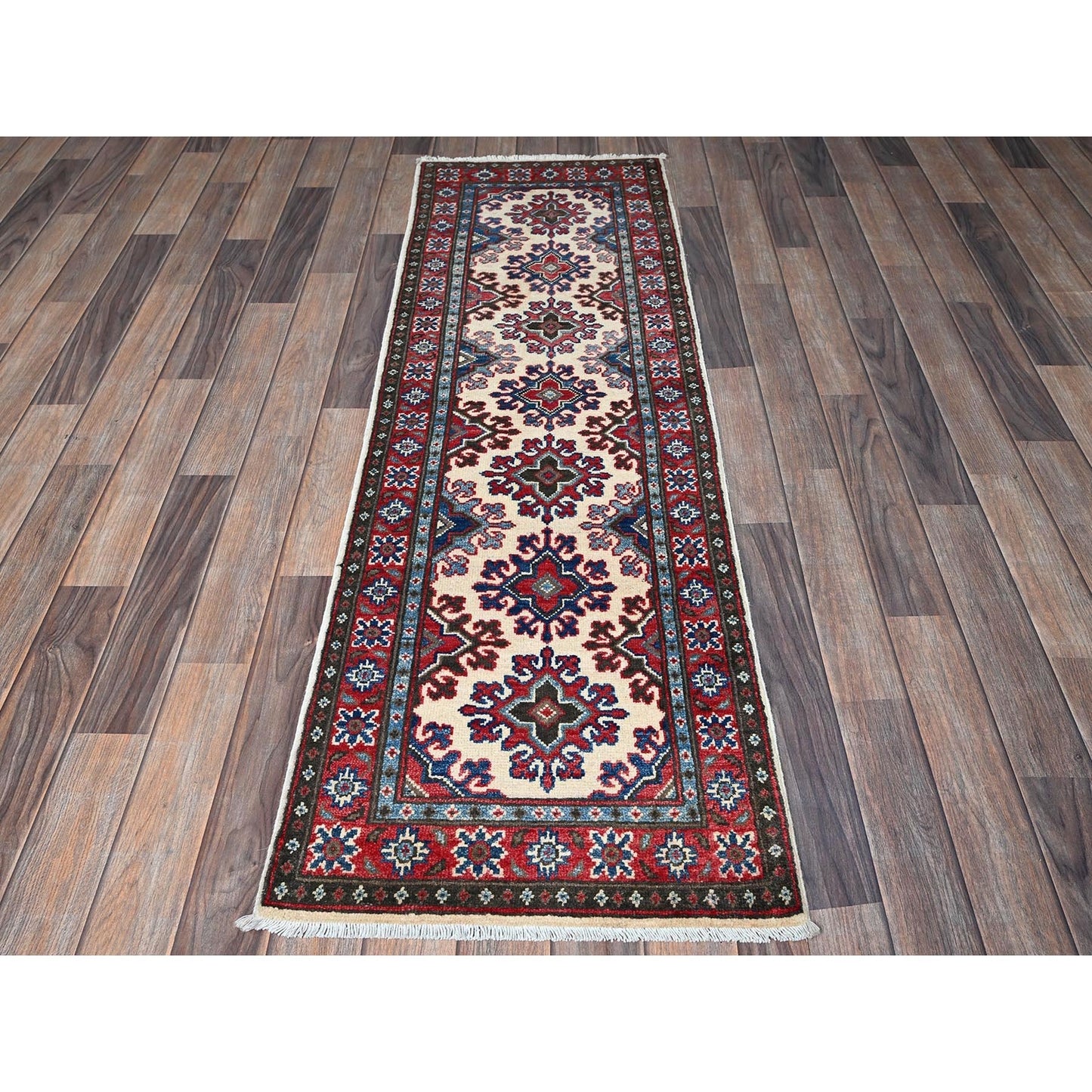 1'10"X6' Ivory Kazak With Tribal Design Hand Knotted Soft Wool Runner Rug