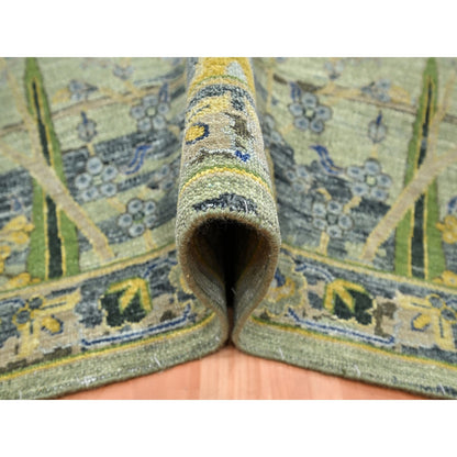 6'1"X9'3" Green Broken And Erased Birds Design Hand Knotted Pure Wool Rug