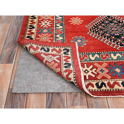 8'1"X9'9" Red Special Kazak All Over Medallions Wool Hand Knotted Rug