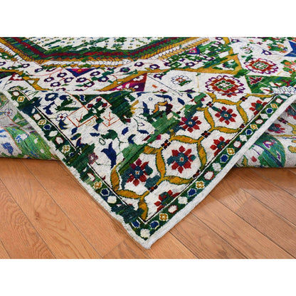9'X12'1" Ivory Sari Silk Colorful Mamluk Design Hand Knotted Rug