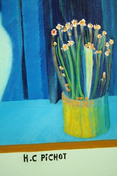 Hlne C. Pichot "Nature Morte Sur Fond Bleu Et Vert" Original Oil Painting