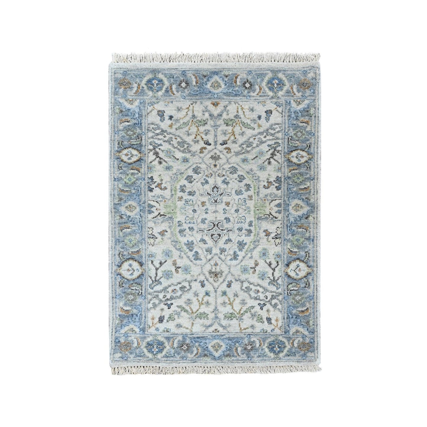 2'x3' Gray Oushak with Floral Motifs Hand Knotted Wool Mat Oriental Rug