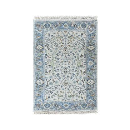 2'x3' Gray Oushak with Floral Motifs Hand Knotted Wool Mat Oriental Rug