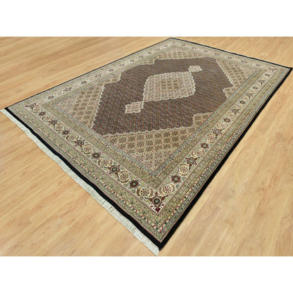 9'8"X14'2" Smoky Black Hand Knotted Wool Tebraz Mahi Fish Medallion Rug